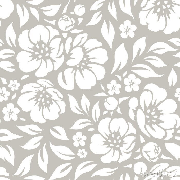 Behang Witte en grijze bloemen in shabby chic stijl