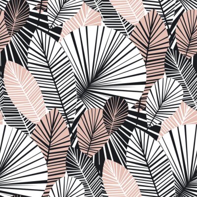 Behang Witte en roze grafische exotische bladeren