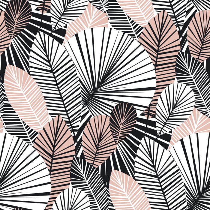 Behang Witte en roze grafische exotische bladeren