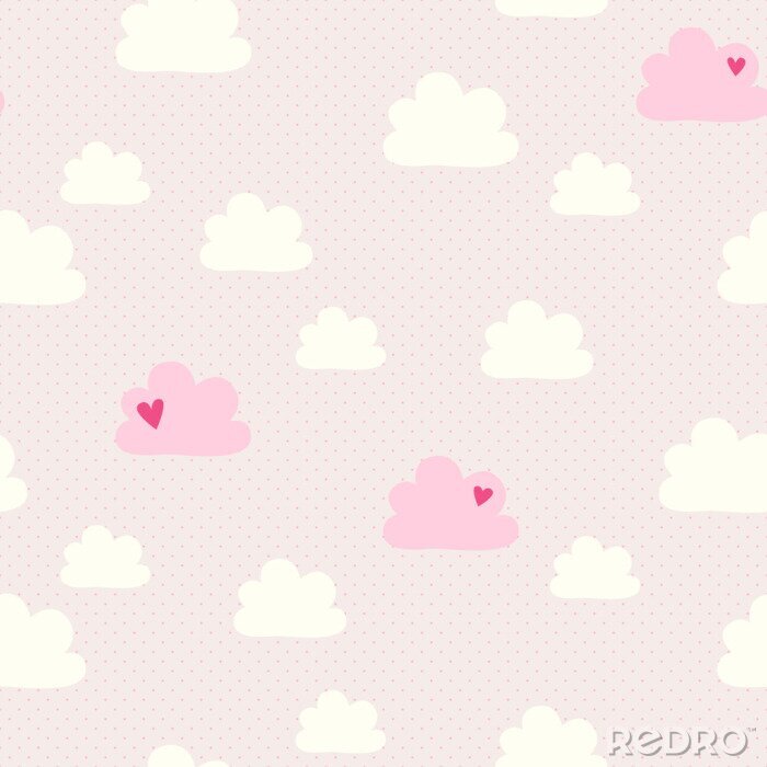 Behang Witte en roze wolken op een roze achtergrond