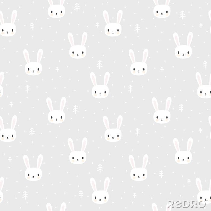 Behang Witte konijntjes en bomen op een grijze achtergrond
