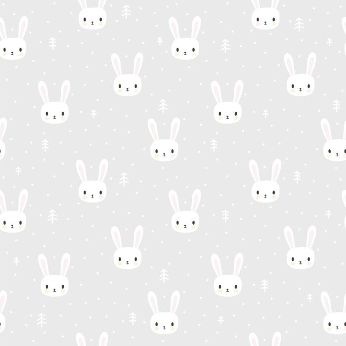 Behang Witte konijntjes en bomen op een grijze achtergrond