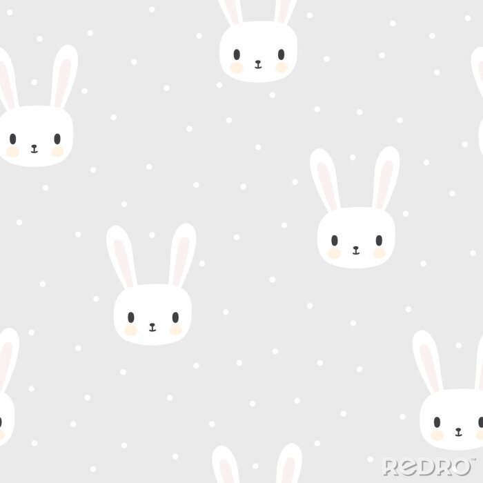 Behang Witte konijntjes en stippen op een grijze achtergrond