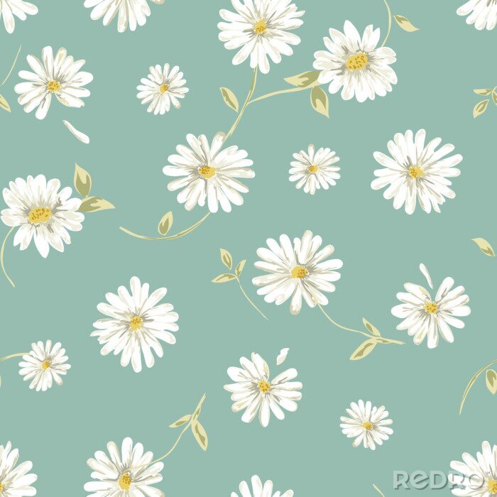 Behang Witte madeliefjes en blaadjes