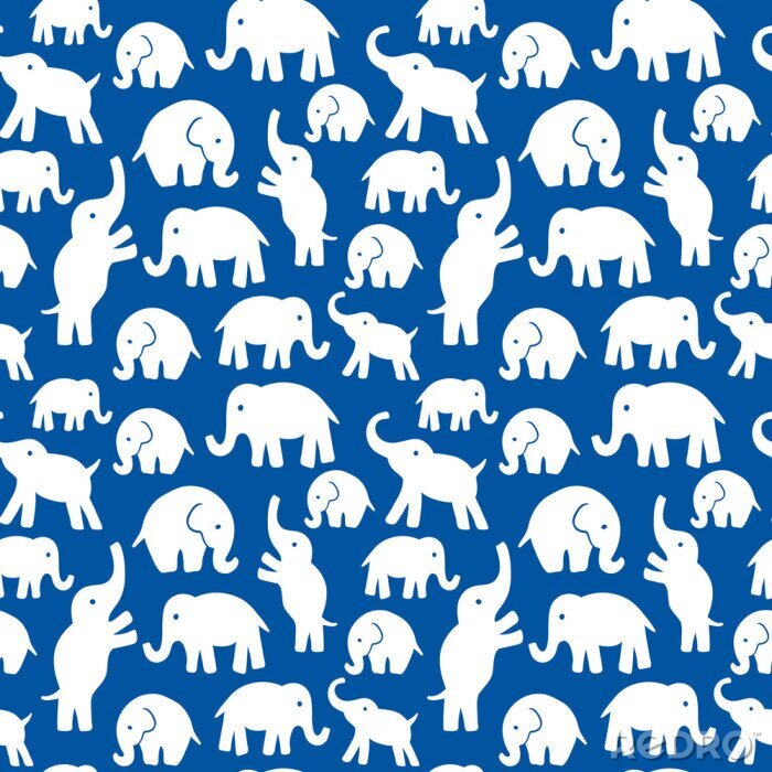 Behang Witte olifanten op een blauwe achtergrond