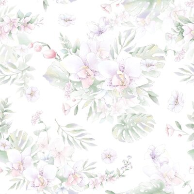 Behang Witte orchideeën en monsterabladeren