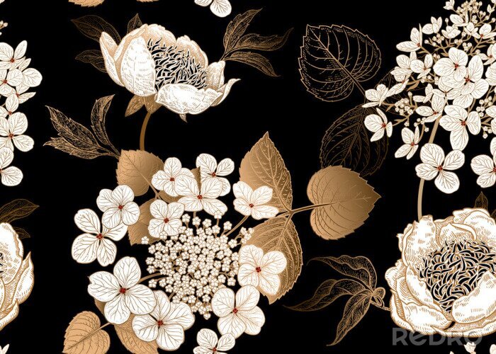 Behang Witte pioenrozen en gouden bladeren in het zwart