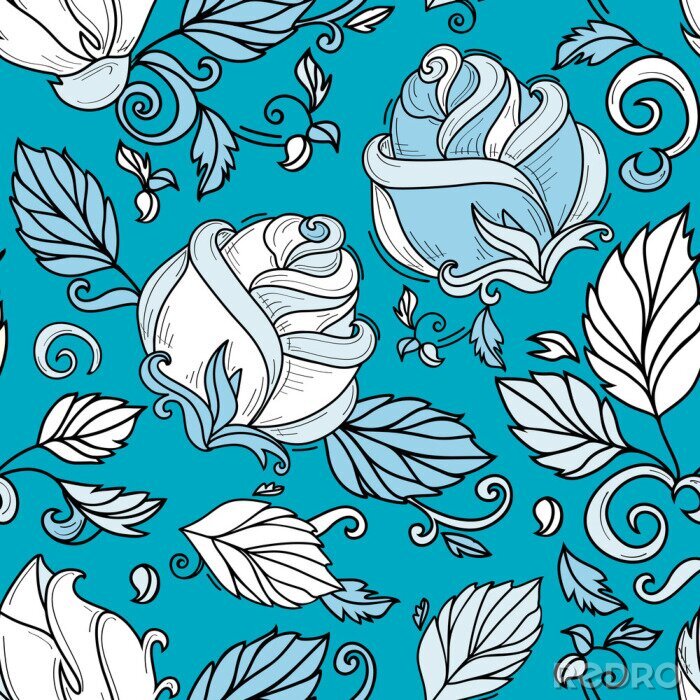 Behang Witte rozen en bladeren blauwe achtergrond