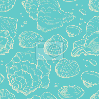 Behang Witte schelpen op een blauwe achtergrond