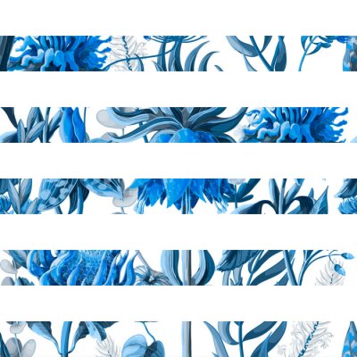 Behang Witte strepen en blauwe bloemen