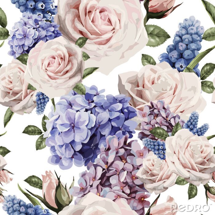 Behang Witte strepen en blauwe hortensiabloemen