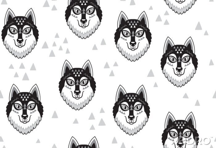 Behang Wolf hoofden en driehoeken op een witte achtergrond