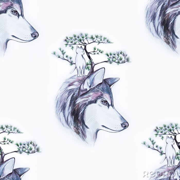 Behang Wolfskop met boom en dier