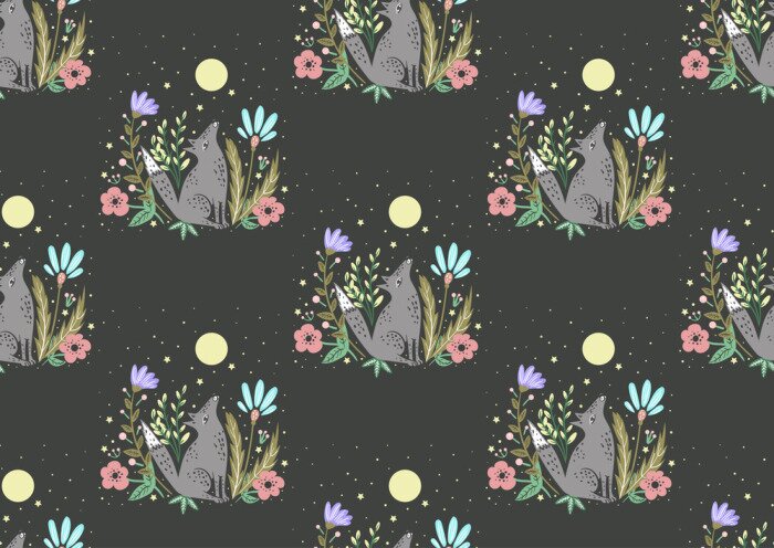 Behang Wolven huilen naar de maan met bloemen