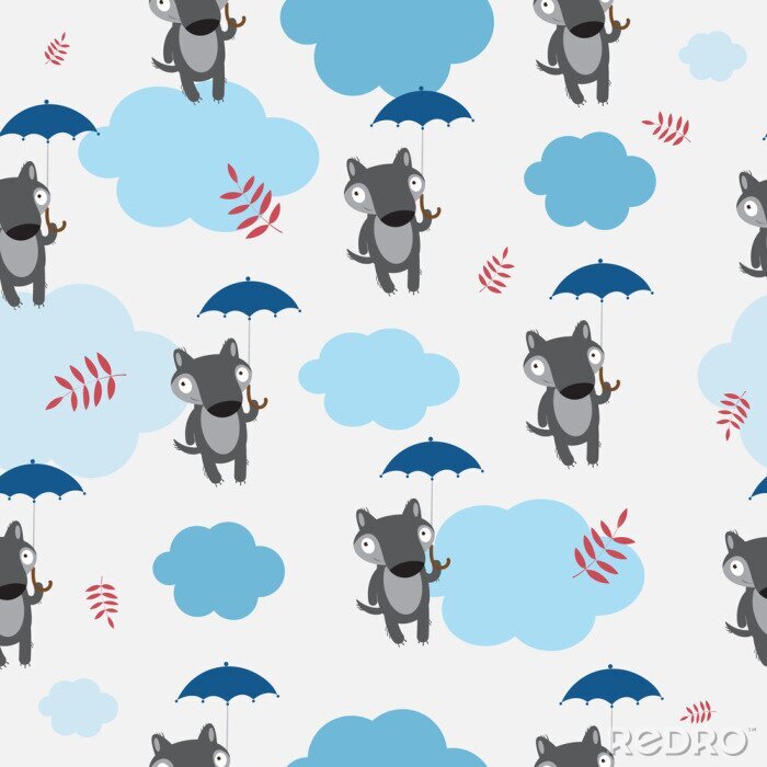 Behang Wolven met paraplu's en wolken voor kinderen