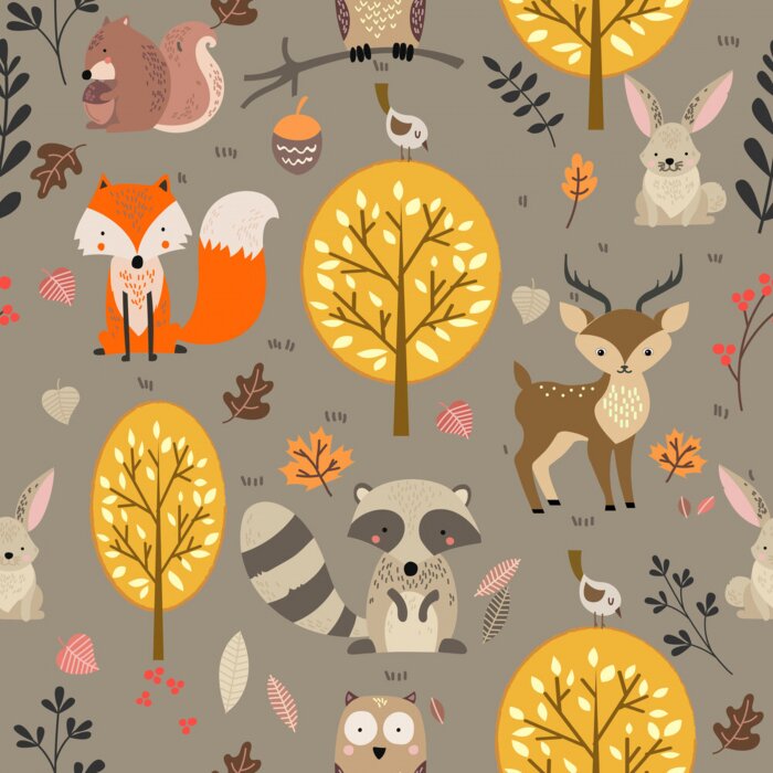 Behang Woodland animal seamless background illustration