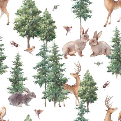 Behang Woodland seamless pattern. Watercolor forest repeating texture with wild animals and trees.