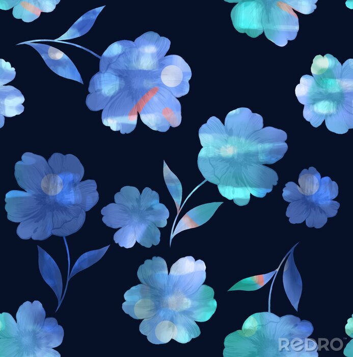 Behang Blauwe bloemen steken af ​​tegen een donkere achtergrond