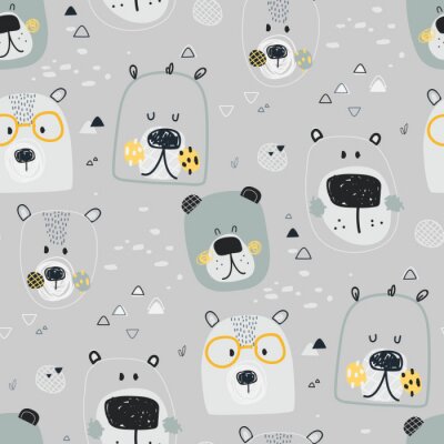 Behang De kinderachtige leuke vectorillustratie van naadloos patroon van handtekening draagt ​​gezichten met bril, op grijze achtergrond. Stof, textiel, papier, behang, verpakking of briefkaart voor kinderda