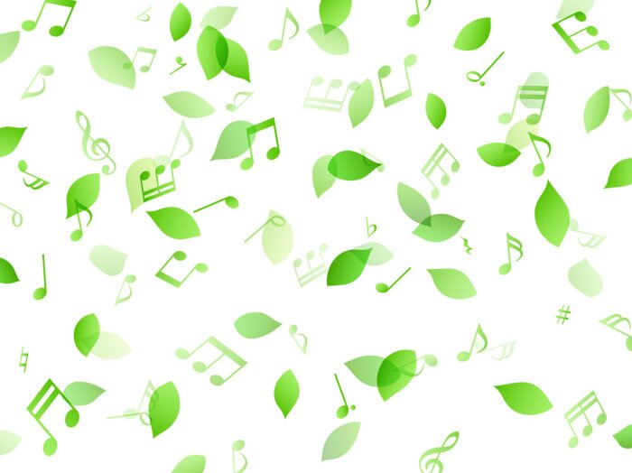 Behang 舞う緑の葉と音符　背景素材