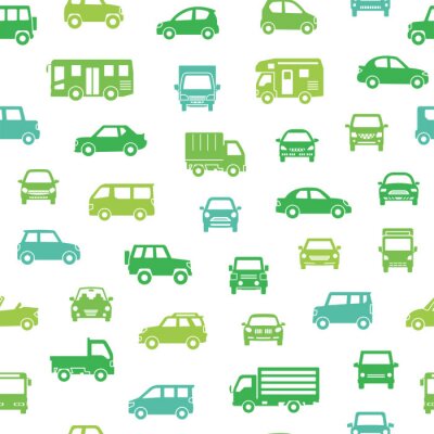 Behang 色々な車のアイコンのシームレスパターン背景(シルエット)エコカラー