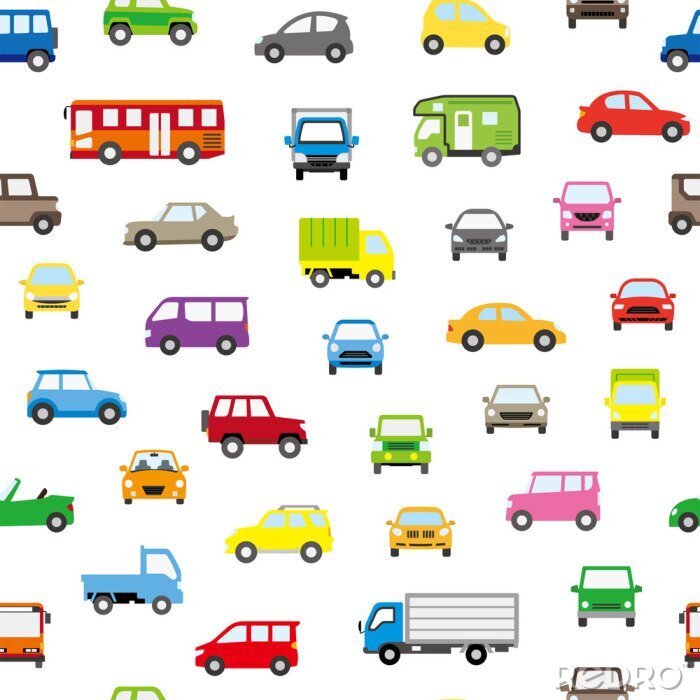Behang 色々な車のアイコンのシームレスパターン背景(ポップカラー)