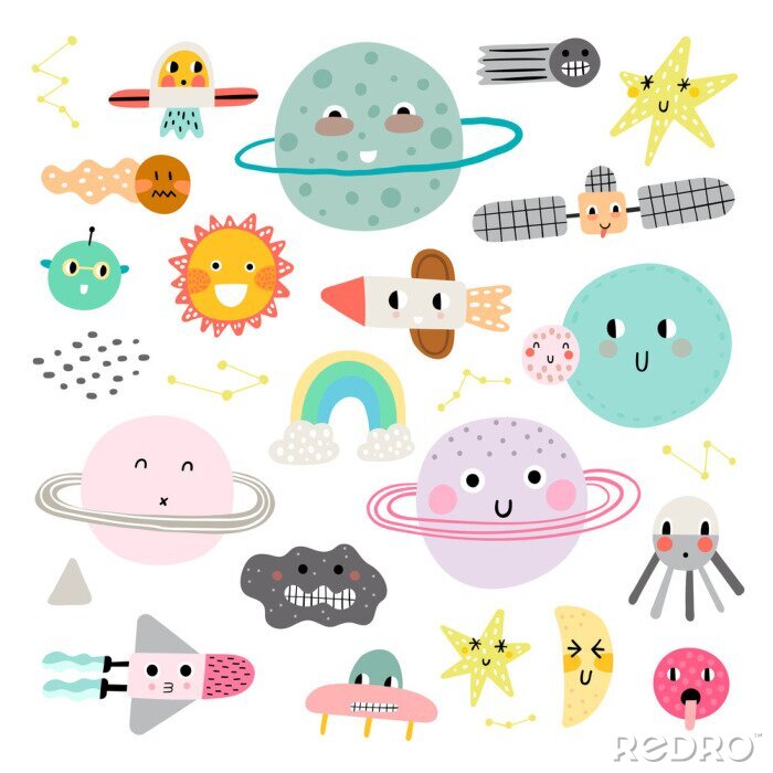 Behang Сute set of cosmic elements. Kawaii moon, sun and planets vector illustration for kids. Isolated design elements for children.
