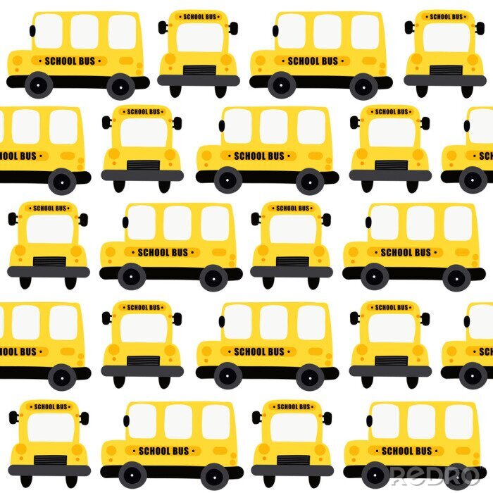 Behang Yellow school bus seamless pattern background. Design for fabric, wrapping, textile, wallpaper, apparel..