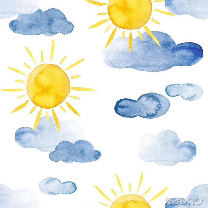 Behang Yellow sun and blue clouds watercolor weather pattern set