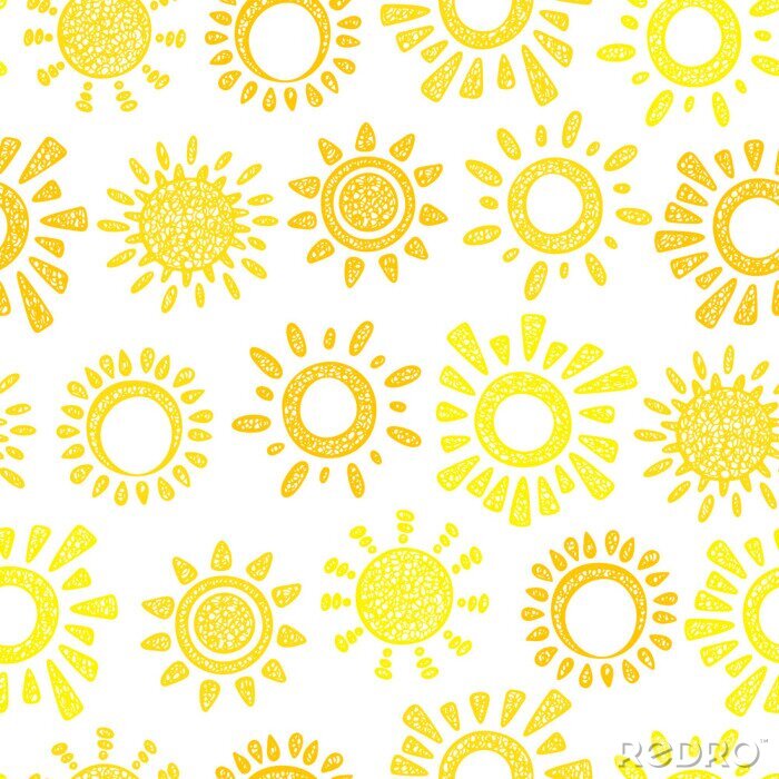 Behang Yellow Sun Vector Seamless pattern. Hand drawn doodle Different Suns. Background for kids.