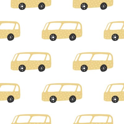 Behang Yelow bus seamless pattern. Doodle cars vector illustration.