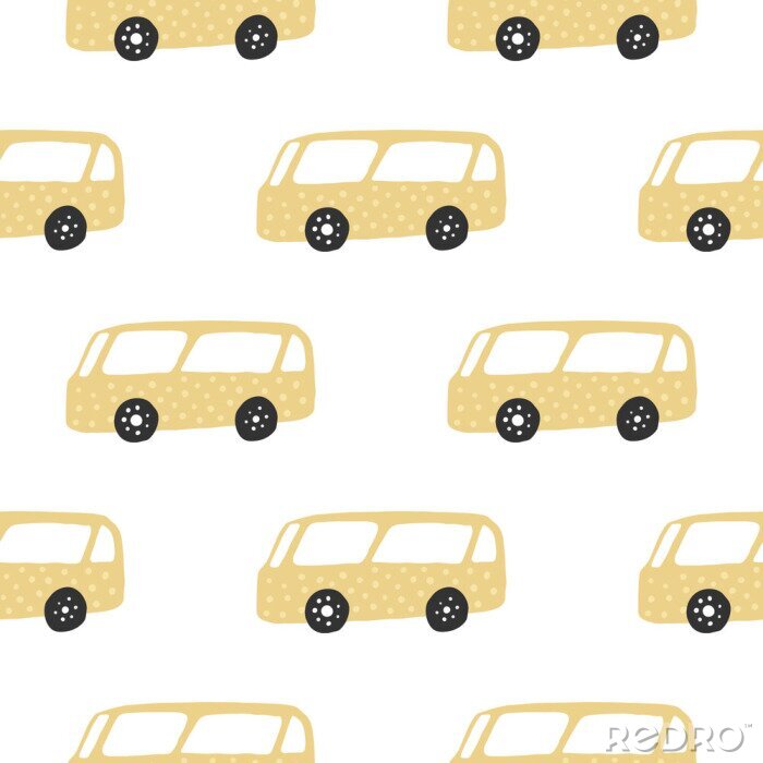 Behang Yelow bus seamless pattern. Doodle cars vector illustration.