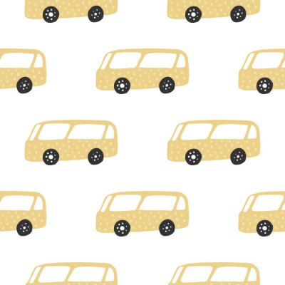 Behang Yelow bus seamless pattern. Doodle cars vector illustration.