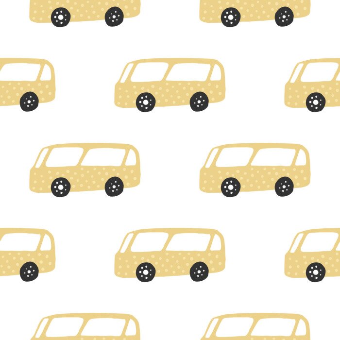 Behang Yelow bus seamless pattern. Doodle cars vector illustration.