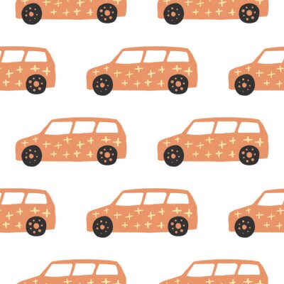 Behang Yelow car seamless pattern. Doodle cars vector illustration.