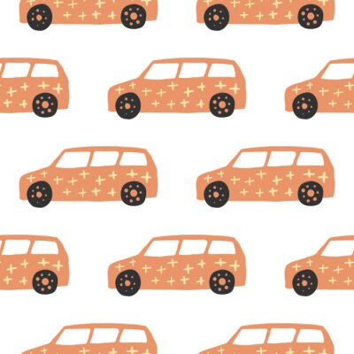 Behang Yelow car seamless pattern. Doodle cars vector illustration.