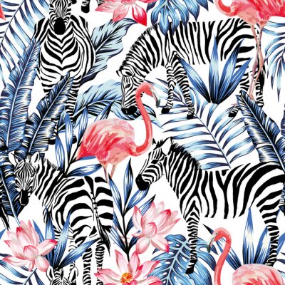 Behang Zebra's en flamingo's tussen tropische vegetatie