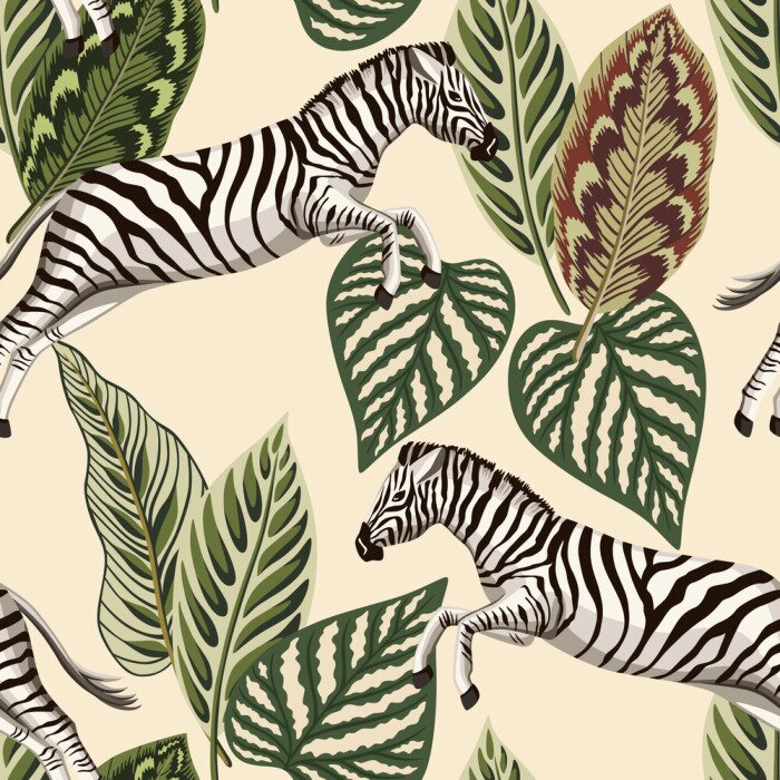 Behang Zebra's en planten in vintage stijl