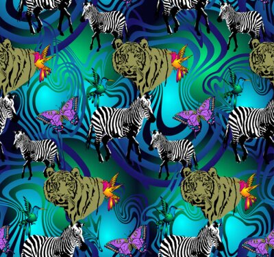 Behang Zebra's en tijgers op een abstracte achtergrond met vlinders