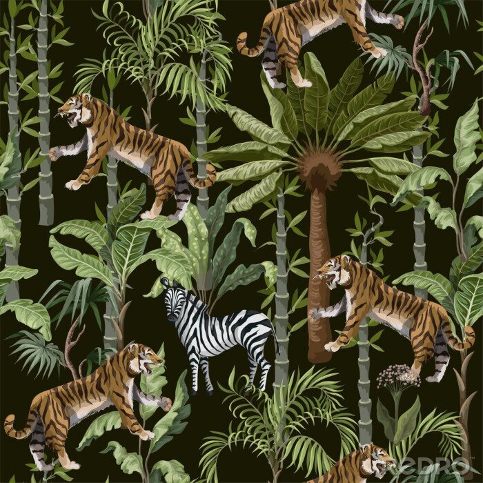 Behang Zebra's en tijgers op een achtergrond van tropische planten