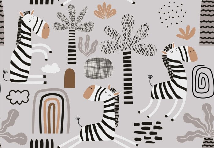 Behang Zebra's tussen palmbomen in Scandinavische stijl