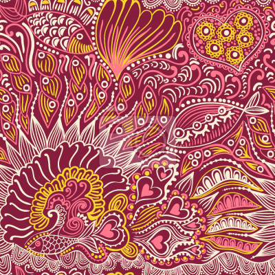 Behang Zee abstractie met een vis in roodtinten