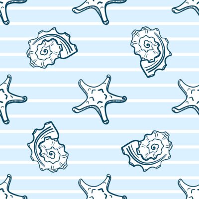 Behang Zeesterren en schelpen op een gestreepte achtergrond