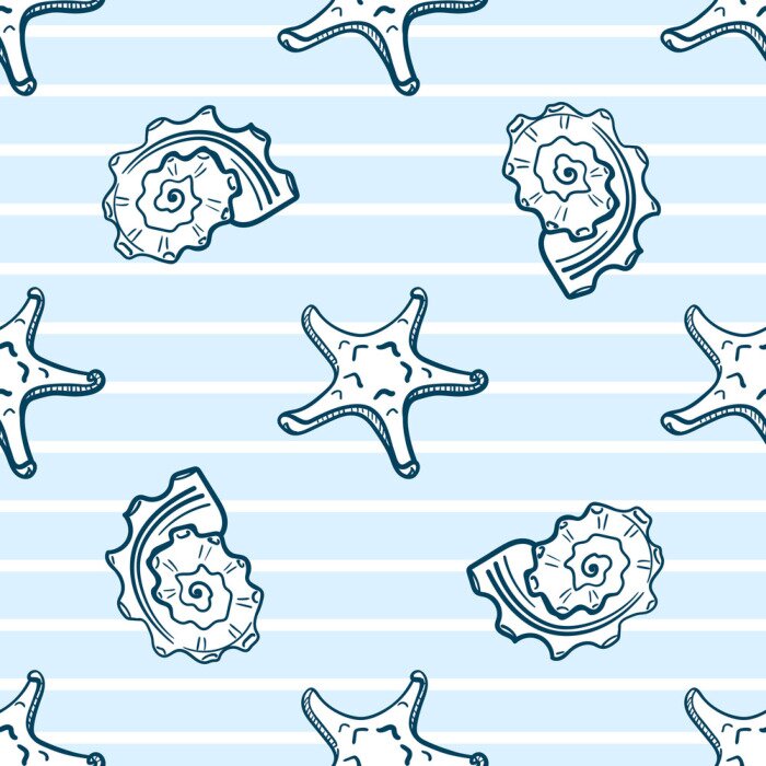 Behang Zeesterren en schelpen op een gestreepte achtergrond