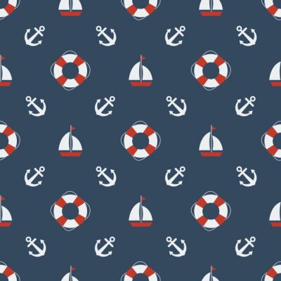 Behang Zeilbootanker en reddingsboei op marineblauwe achtergrond