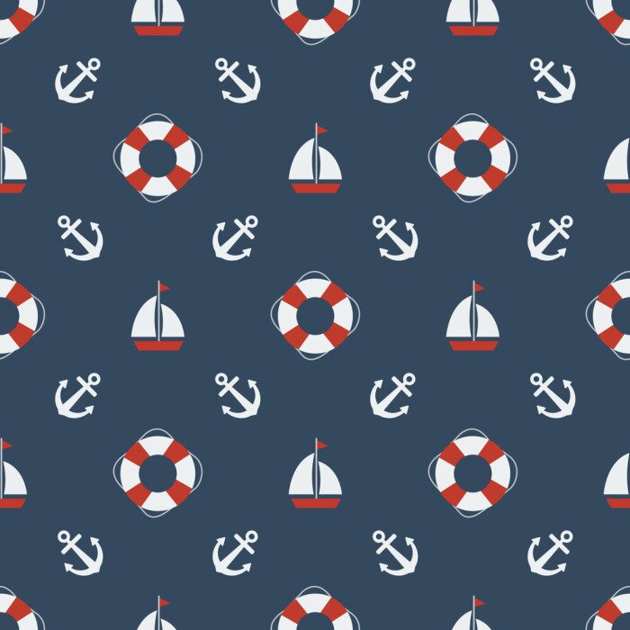 Behang Zeilbootanker en reddingsboei op marineblauwe achtergrond