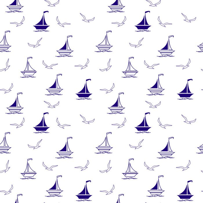 Behang Zeilboten en zeemeeuwen naadloos vectorillustratiepatroon voor stof, kleren / toebehoren, achtergrond, textiel, verpakkend document en andere decoratie.