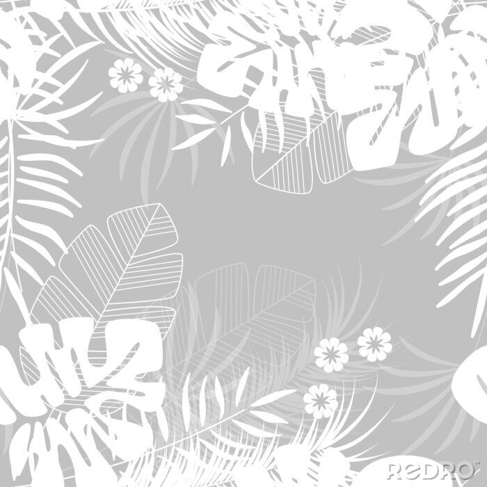 Behang Zomer naadloos tropisch patroon met monstera palmbladeren en planten op grijze achtergrond
