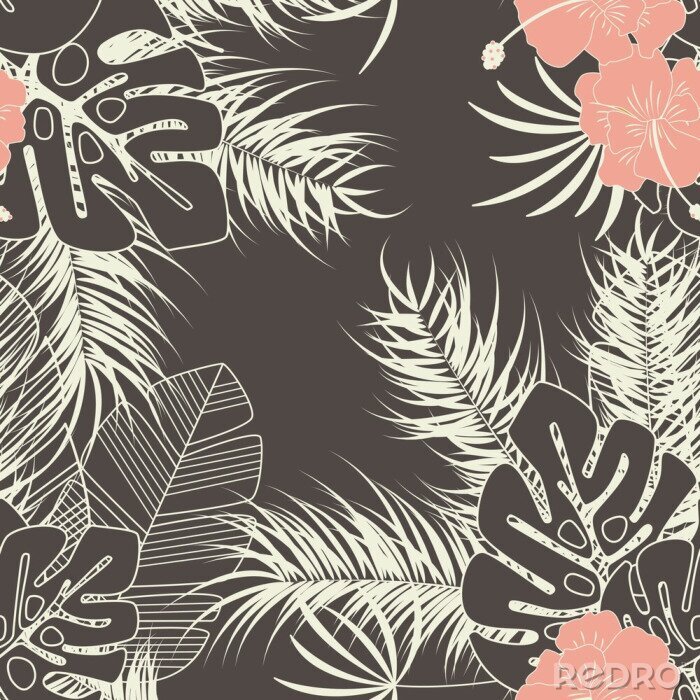 Behang Zomer naadloos tropisch patroon met monstera palmbladeren, planten en bloemen op bruine achtergrond