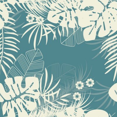 Behang Zomer naadloze tropische patroon met monstera palmbladeren en planten op blauwe achtergrond